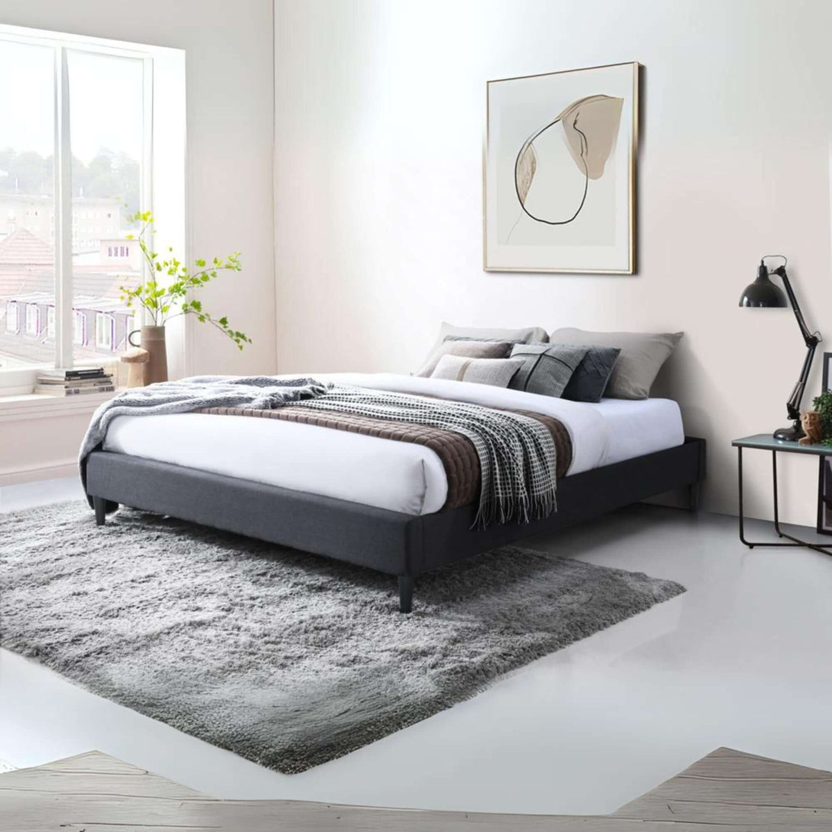Arte Bed Frame Fabric Mattress Platform Base Mid Grey King