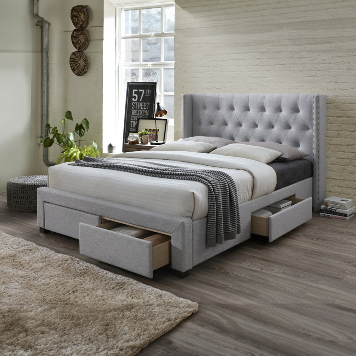 Charlie Double Bed Frame Storage Drawer Stone Grey