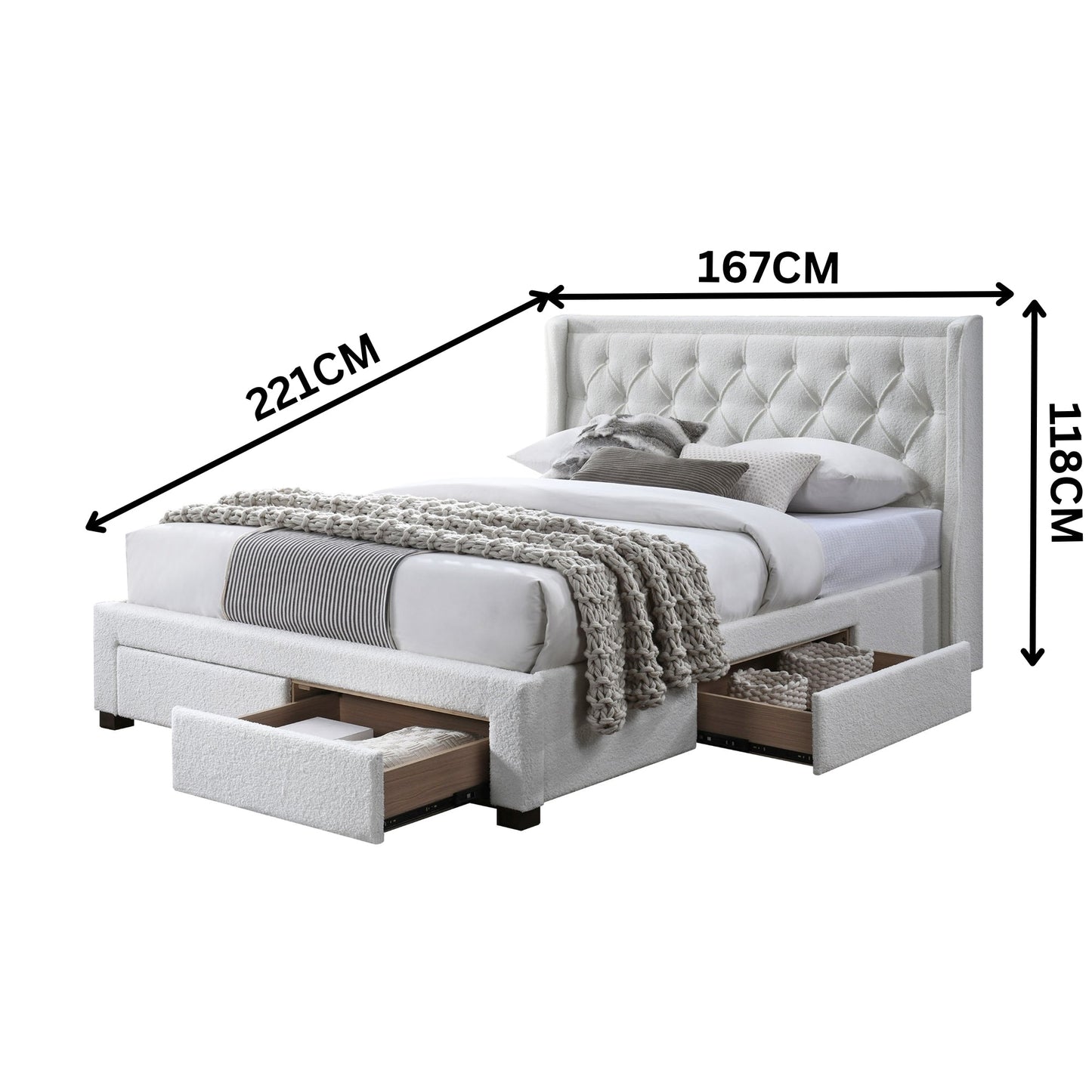 Jackson Queen Size Bed Frame 4 Storage Drawers Boucle Fabric Ivory Cream