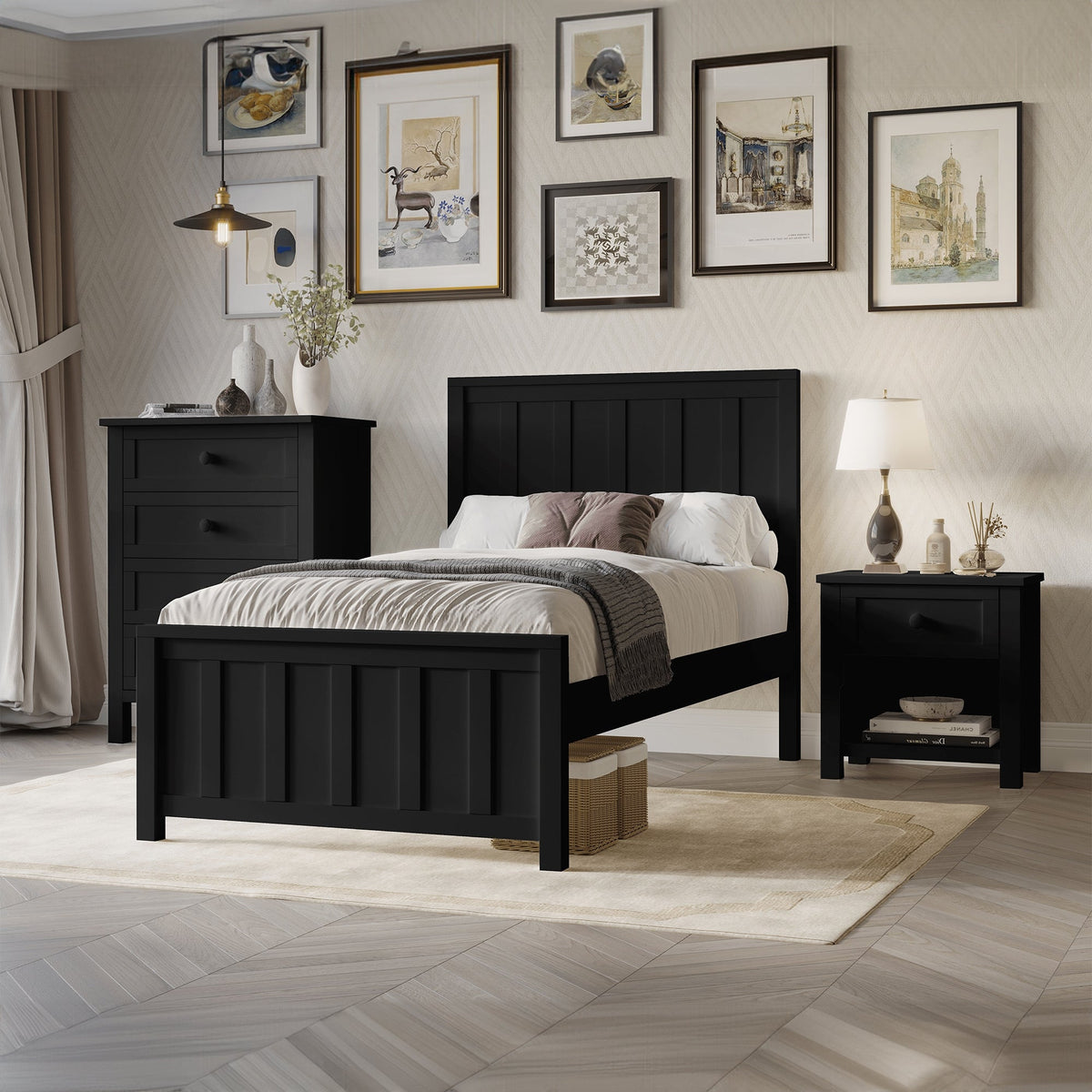 Jessica 4pc King Single Bedroom Set Bed Frame Bedside Tallboy Black