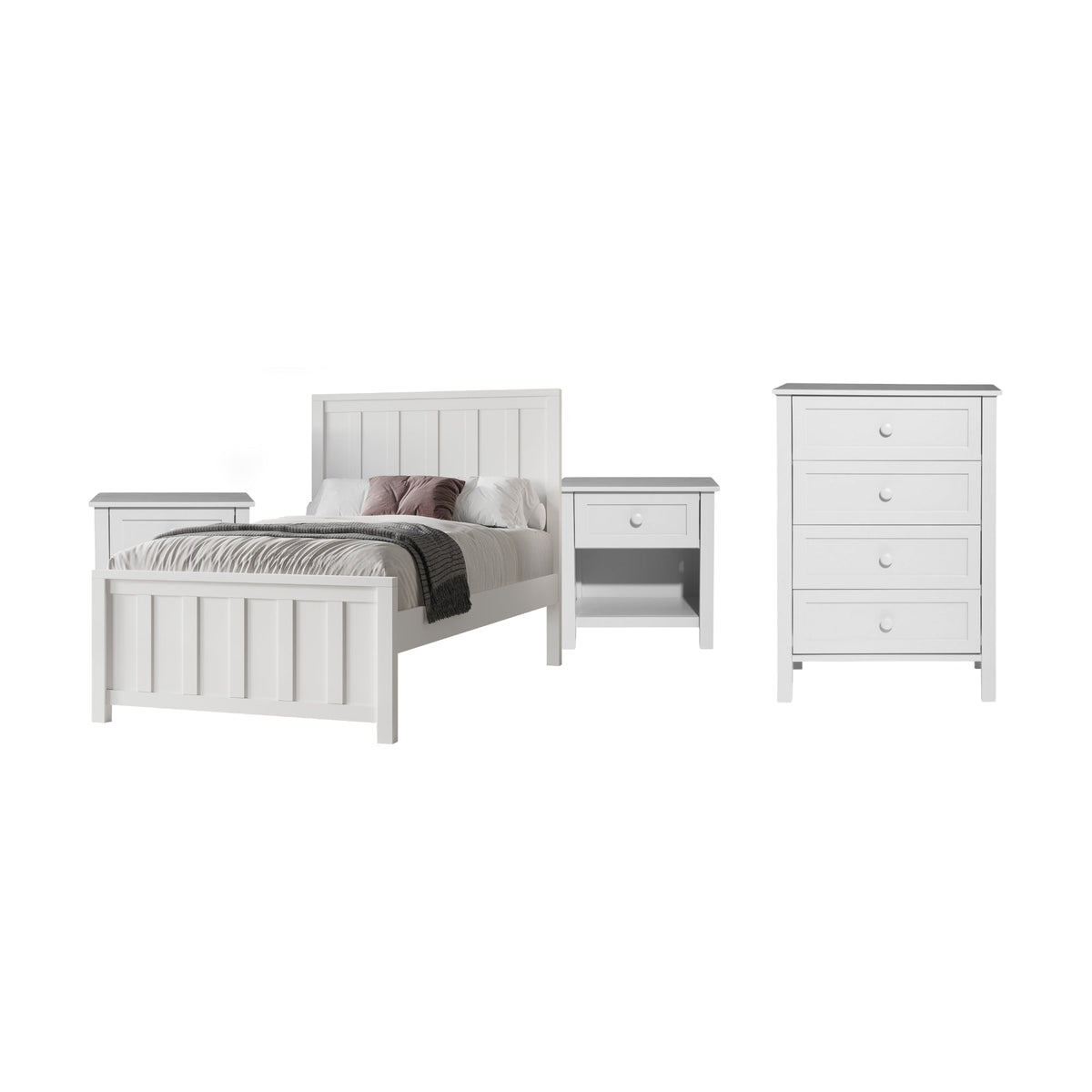 Jessica 4pc King Single Bedroom Set Bed Frame Bedside Tallboy White
