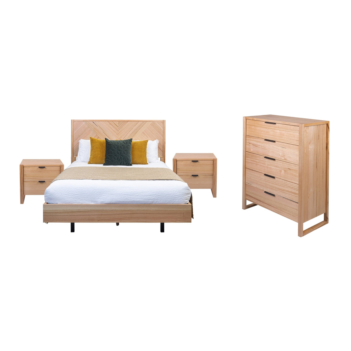 Jindy 4pc Set King Bed Frame Bedside Table Tallboy Natural Oak