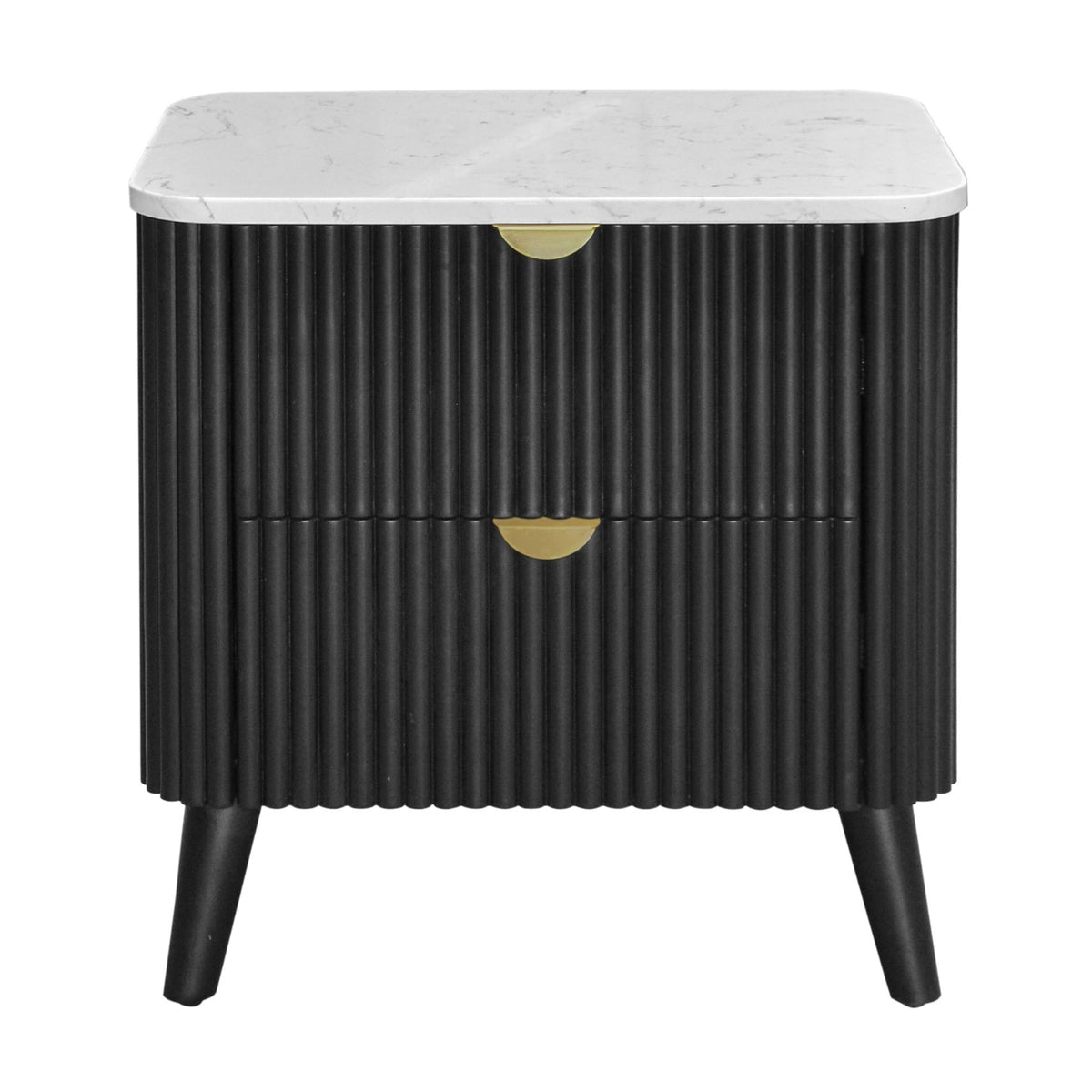 Milo Bedside Table 2 Drawer Sintered Stone Travertine Top Black