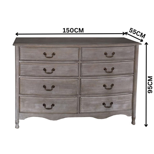 Paris Dresser 8 Drawer Cabinet Storage Washed Grey
