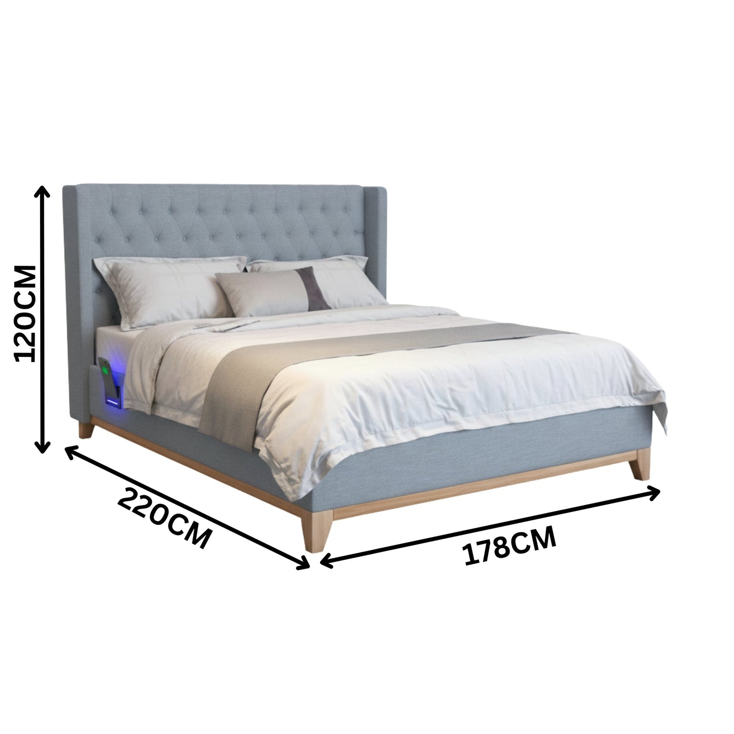 Skandinav Queen Bed Frame Buttoned Head Light Grey