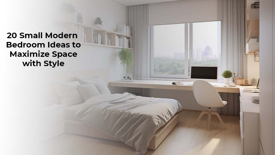 A small modern bedroom featuring a minimalist bed, built-in desk, and floating shelves to demonstrate space-saving interior design ideas.