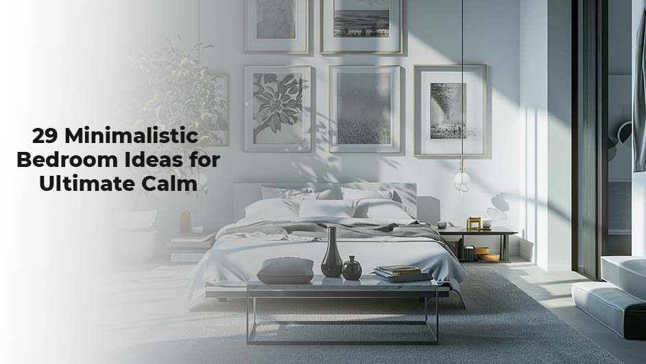 Bright minimalistic bedroom interior with white bedding and modern framed wall art.