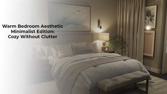 Cozy master bedroom with warm ambient lighting and neutral layered bedding for a minimalist aesthetic.