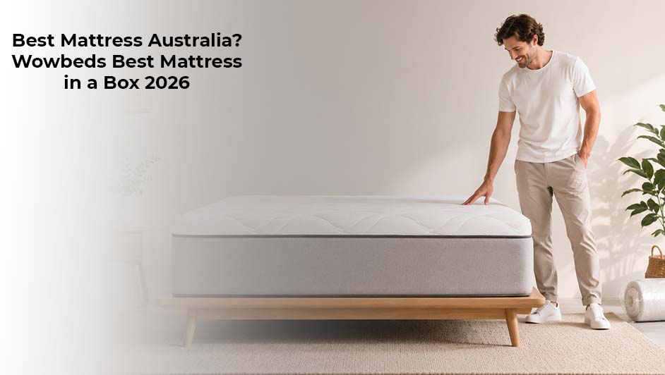 Man standing beside a modern mattress in a bright bedroom showcasing Wowbeds mattress in a box