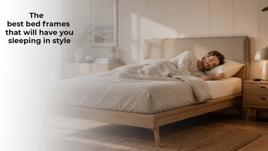 Modern wooden bed frame with person sleeping comfortably in stylish bedroom