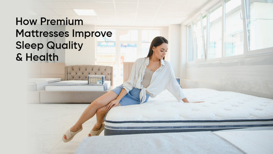 Woman testing premium mattress in a showroom, highlighting comfort and sleep quality benefits.