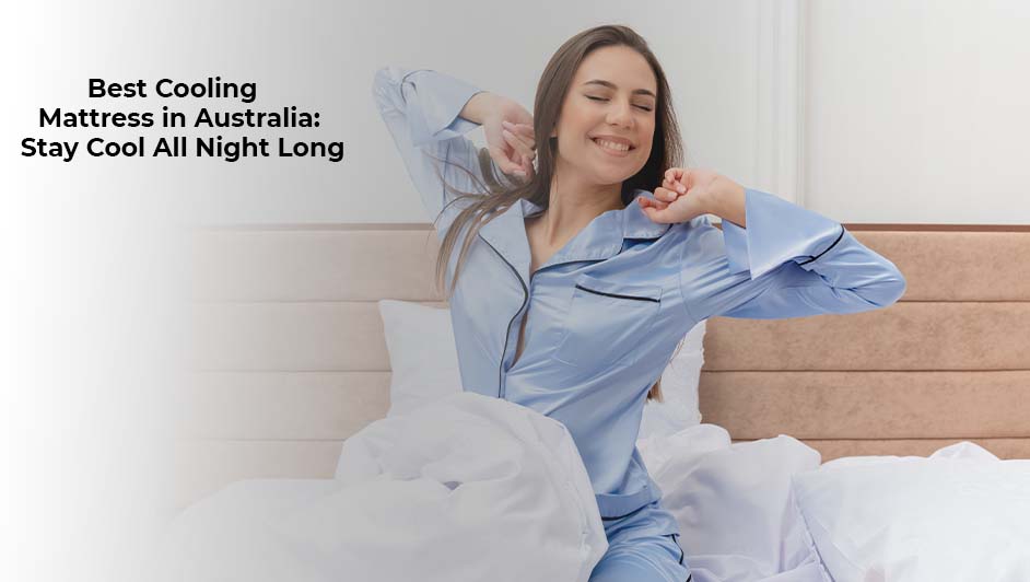 Woman stretching happily on a bed in silk pajamas, representing a cool and comfortable sleep with a cooling mattress