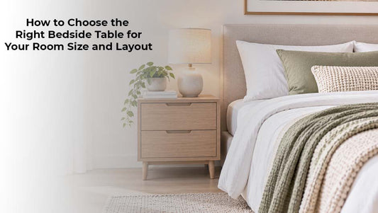 Modern wooden bedside table beside a neatly styled bed in a bright bedroom