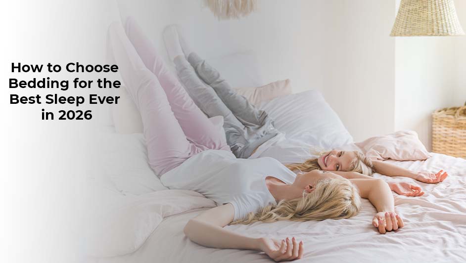 Two women relaxing on high-quality white bedding, illustrating how to choose the right sheets and pillows for better sleep in 2026.