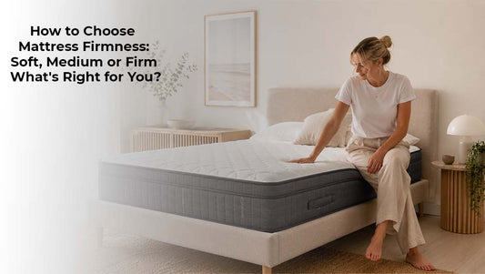 Woman testing mattress firmness in a bright bedroom while choosing the right bed comfort level