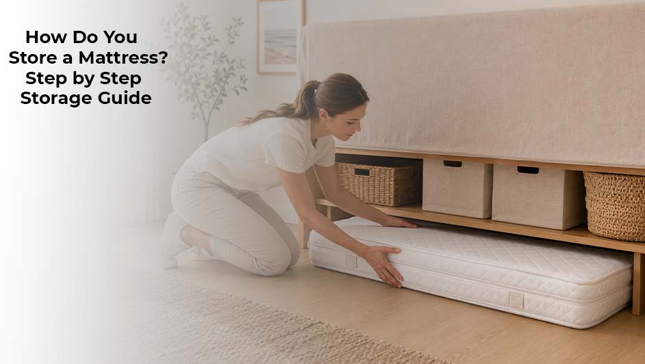 Person storing a mattress under a bed using proper mattress storage techniques