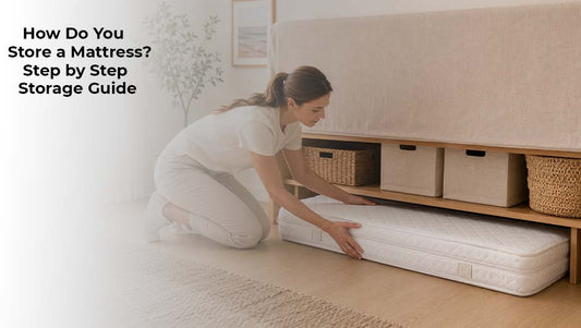 Person storing a mattress under a bed using proper mattress storage techniques