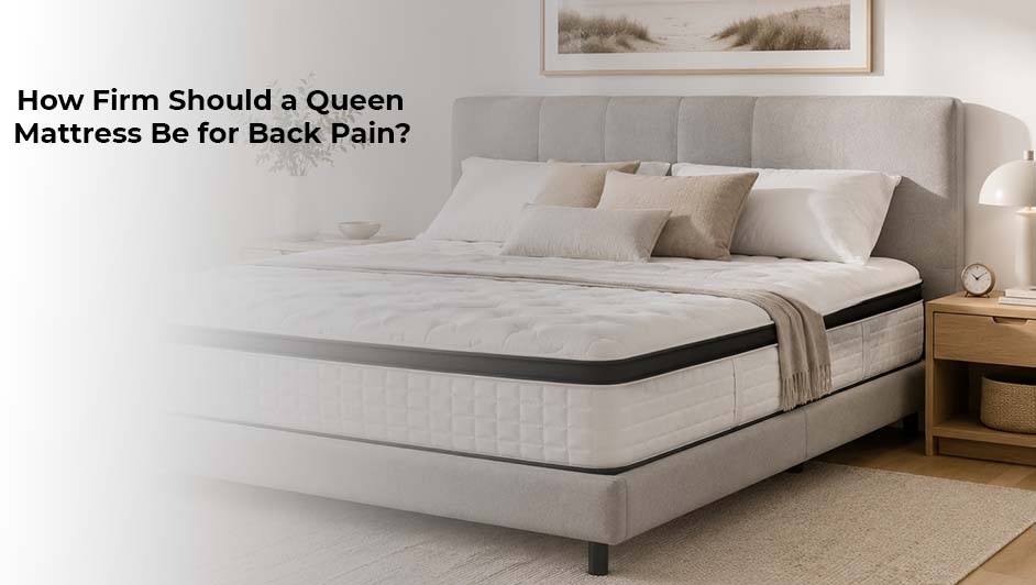 Queen mattress with supportive surface and upholstered bed frame in a bright bedroom 