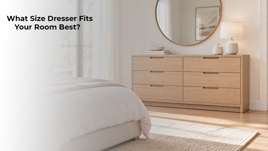 Modern wooden six-drawer dresser in a spacious bedroom with a round wall mirror