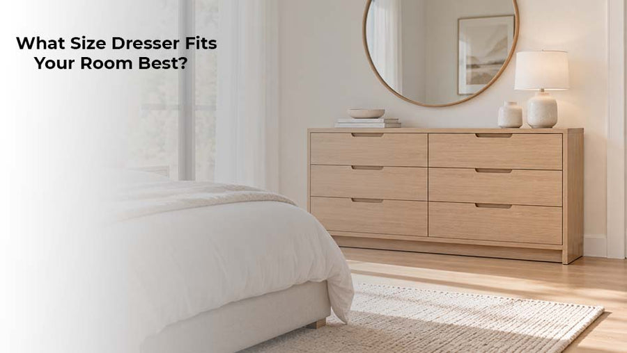 Modern wooden six-drawer dresser in a spacious bedroom with a round wall mirror