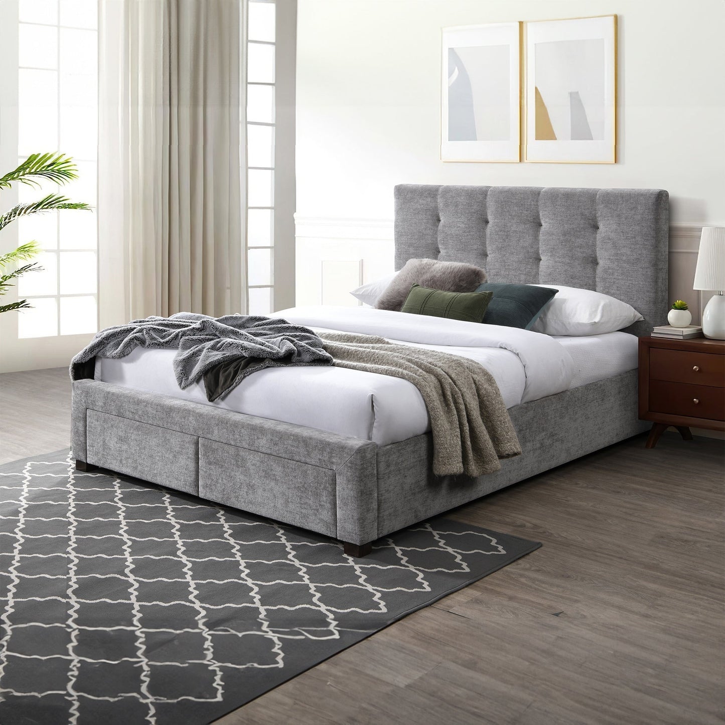 Anko Fabric Double Bed Frame Storage Drawer Grey