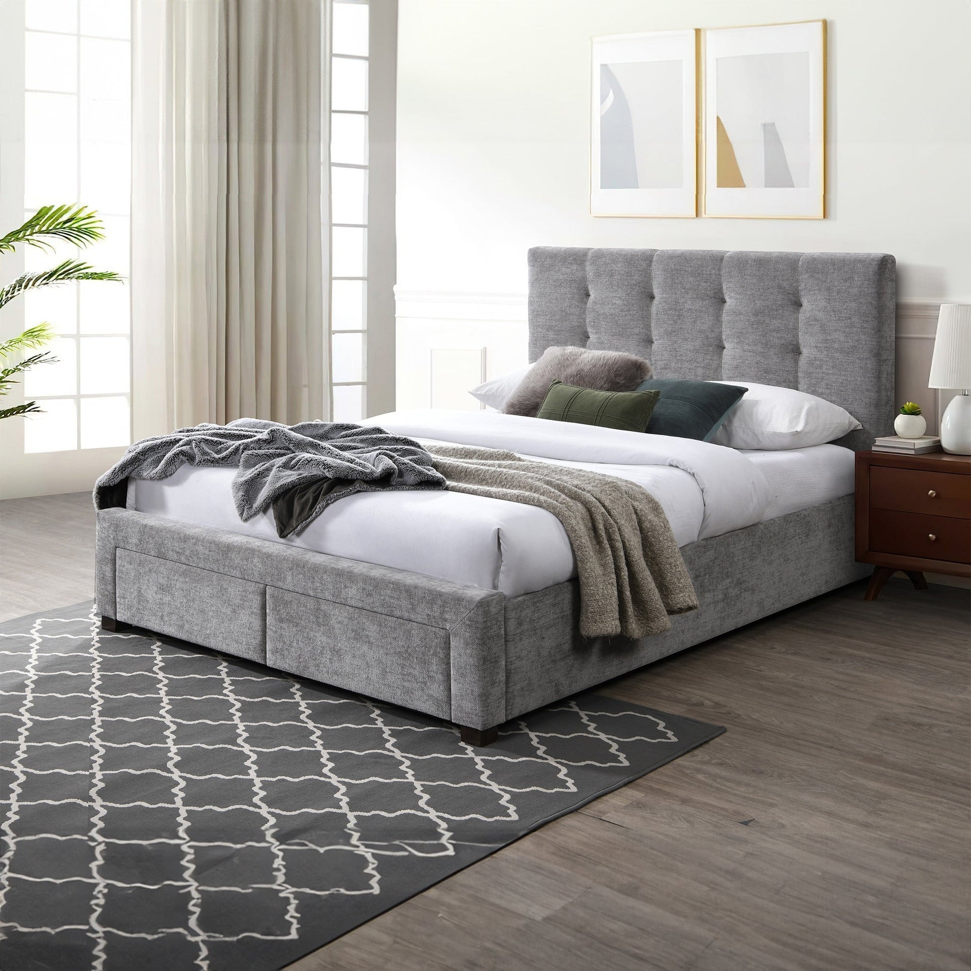 Anko Fabric Double Bed Frame Storage Drawer Grey