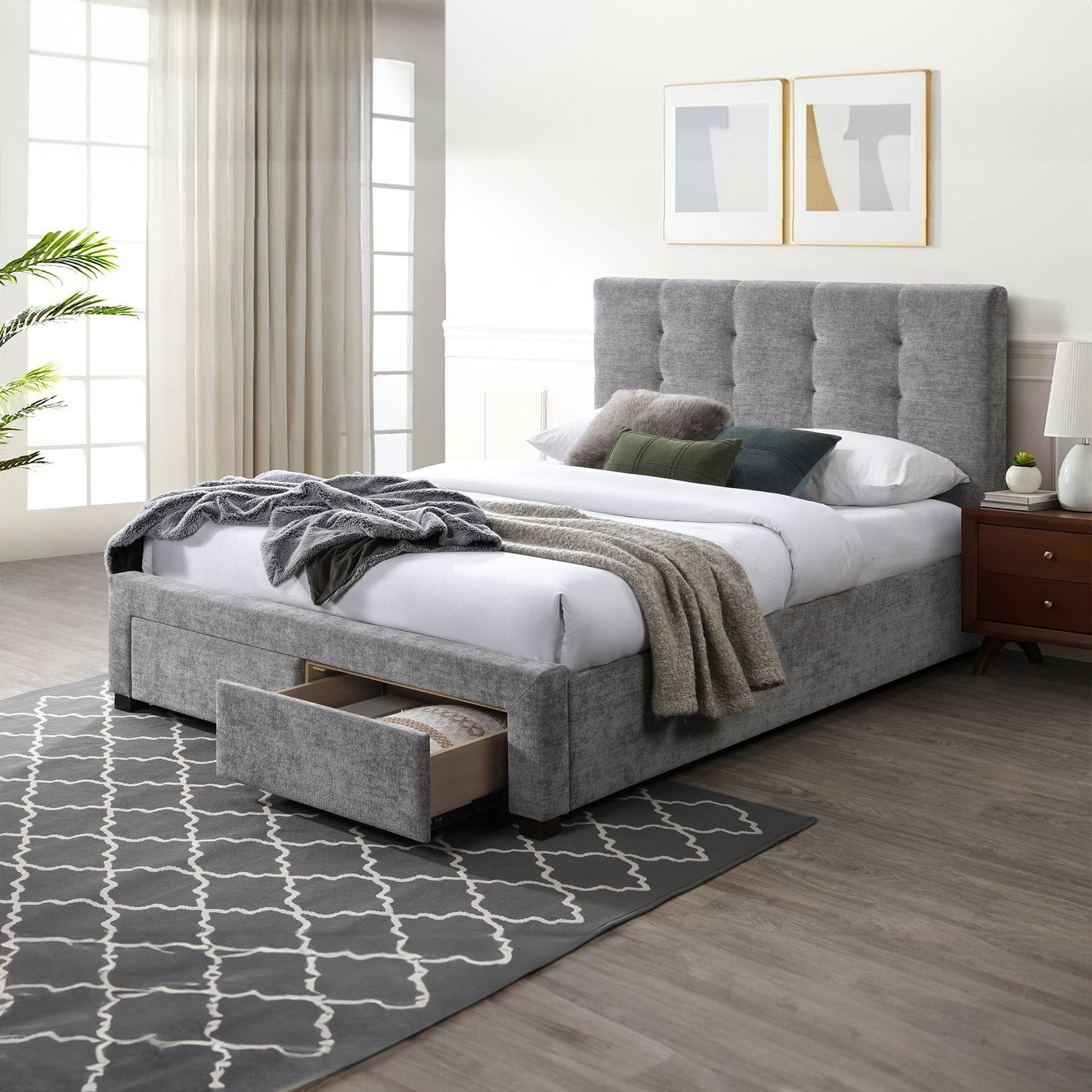 Anko Fabric Double Bed Frame Storage Drawer Grey