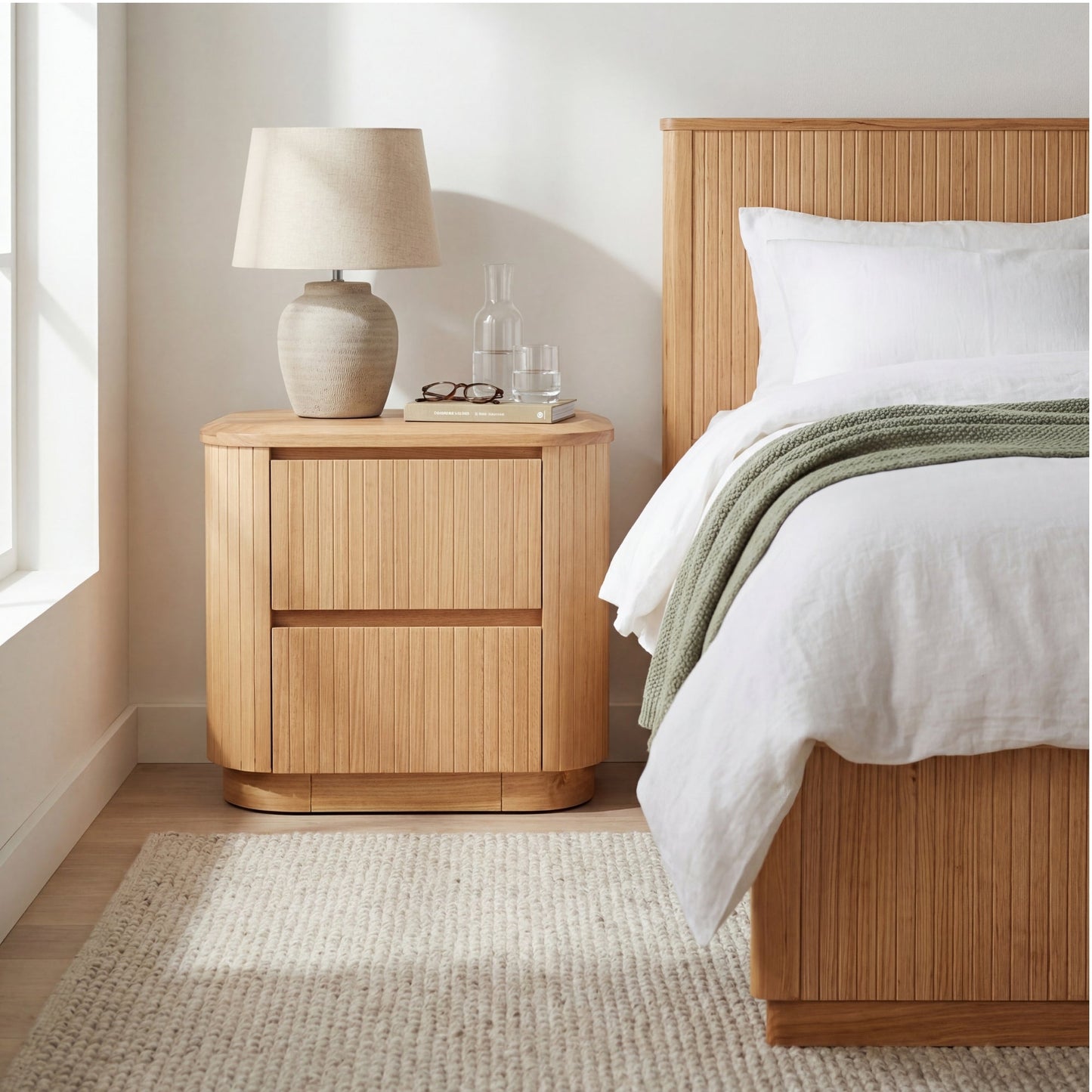 Arushi 4pc King Bedroom Set Bed Frame Tallboy Bedside Table Natural