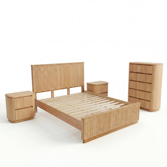 Arushi 4pc Queen Bedroom Set Bed Frame Tallboy Bedside Table Natural