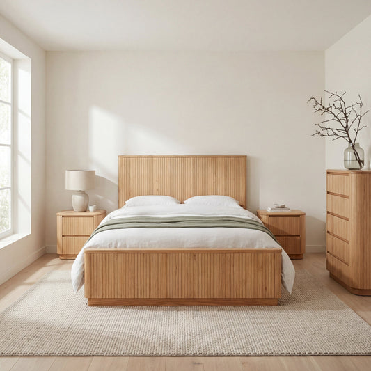 Arushi 4pc Queen Bedroom Set Bed Frame Tallboy Bedside Table Natural