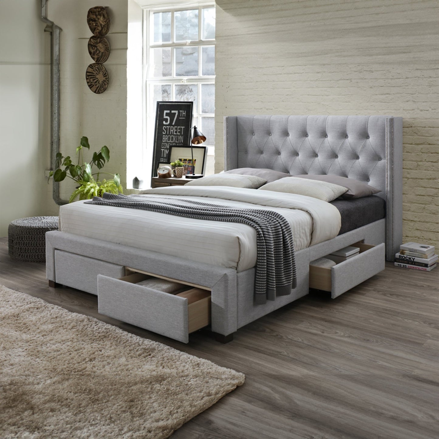 Charlie Double Bed Frame Storage Drawer Stone Grey