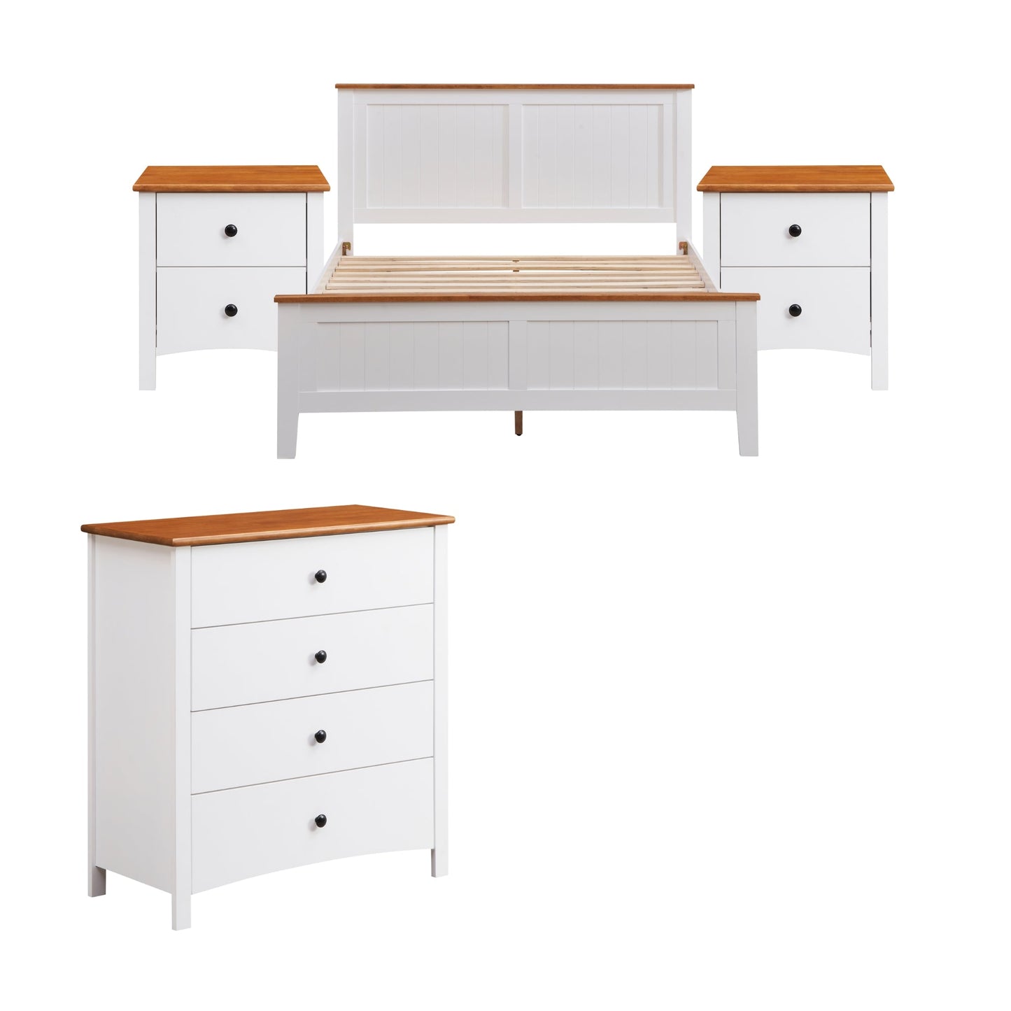 Harbourview 4pc Set Double Bedroom Suite Bed Frame Bedside Table Tallboy Brown White
