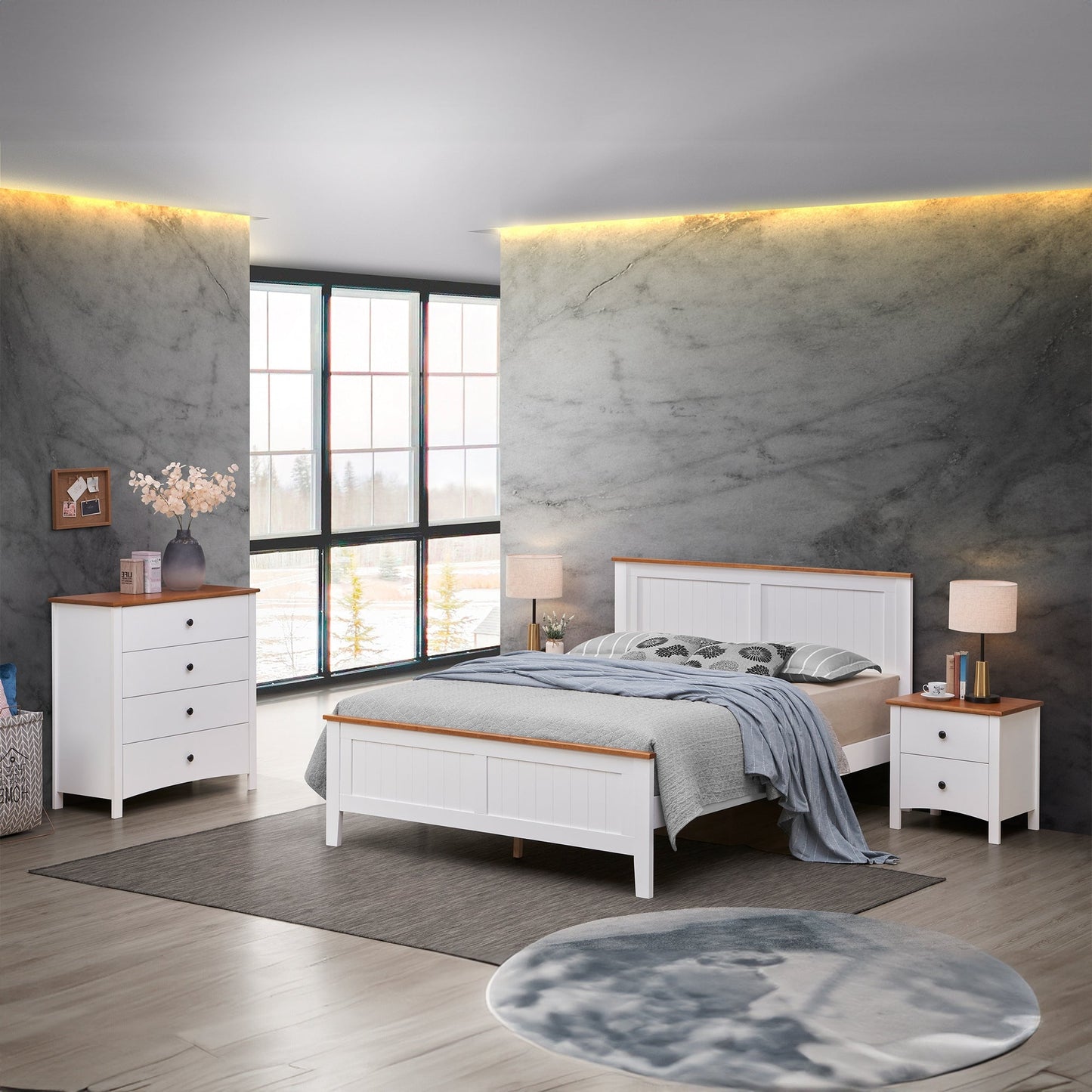 Harbourview 4pc Set Double Bedroom Suite Bed Frame Bedside Table Tallboy Brown White