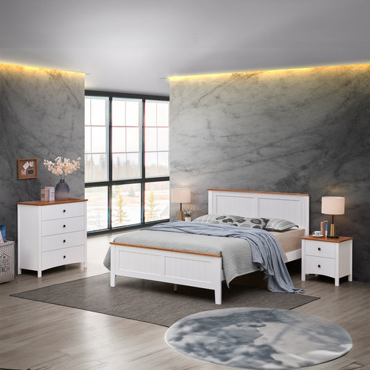 Harbourview 4pc Set Double Bedroom Suite Bed Frame Bedside Table Tallboy Brown White