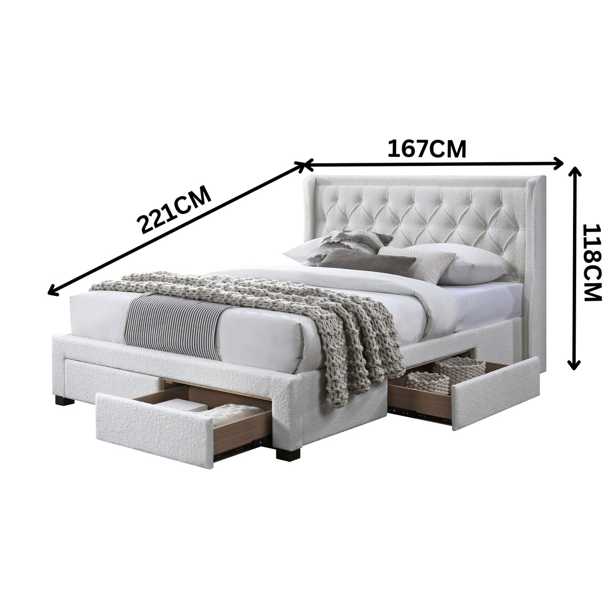 Jackson Queen Size Bed Frame 4 Storage Drawers Boucle Fabric Ivory Cream