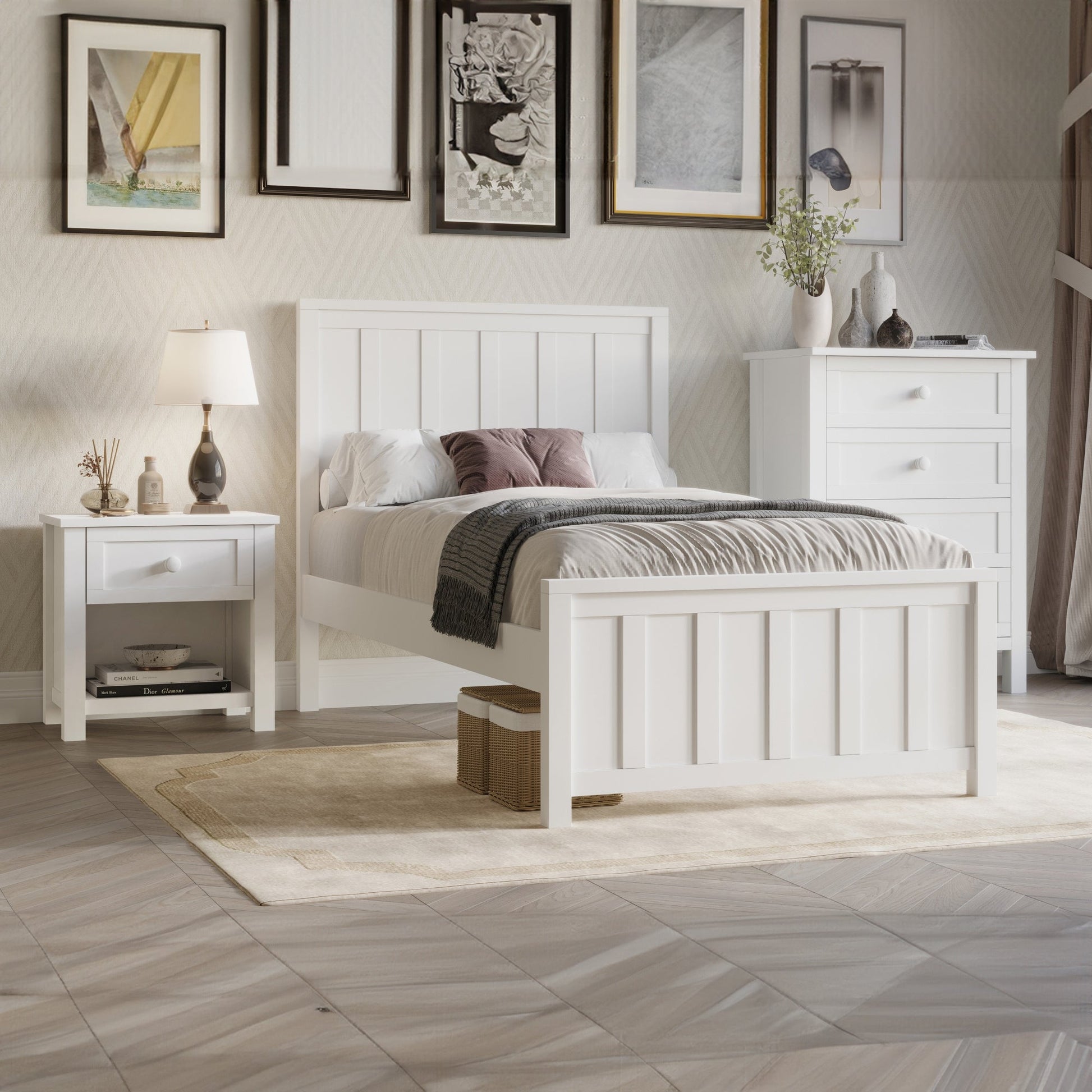 Jessica 4pc Double Bedroom Set Bed Frame Bedside Tallboy White