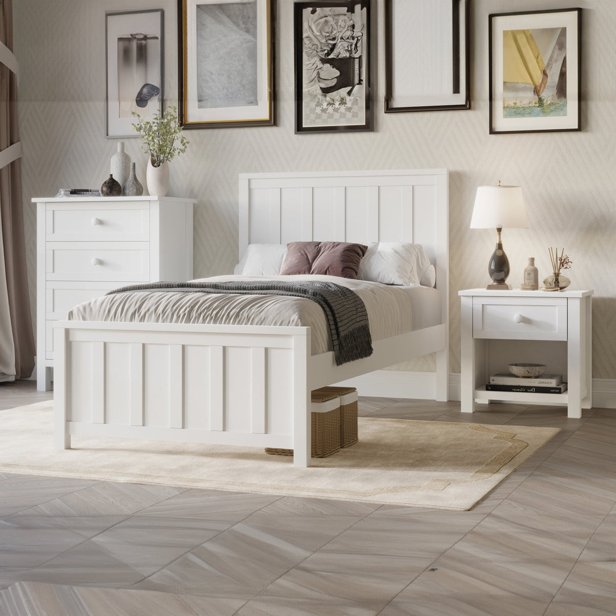 Jessica 4pc King Single Bedroom Set Bed Frame Bedside Tallboy White