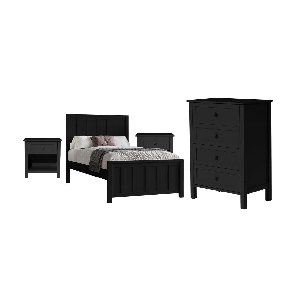 Jessica 4pc Single Bedroom Set Bed Frame Bedside Tallboy Black