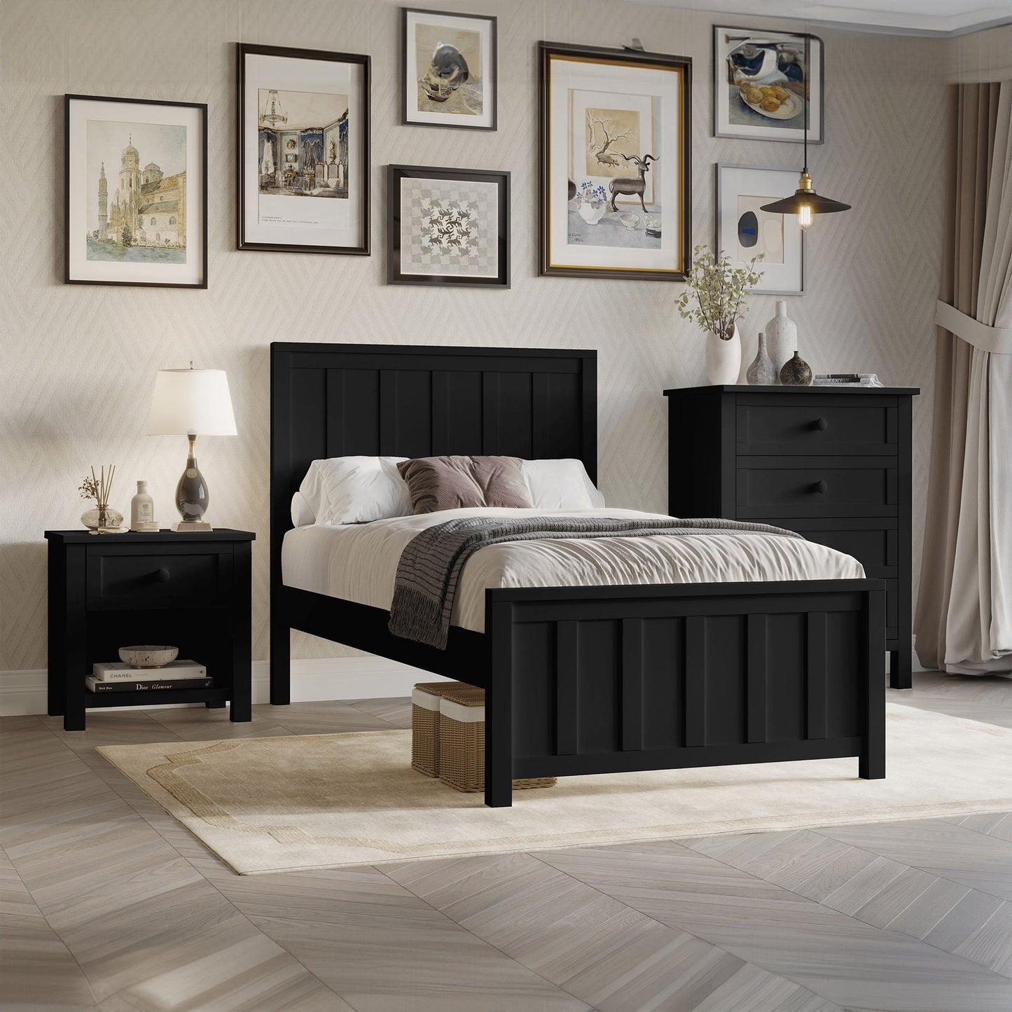 Jessica 4pc Single Bedroom Set Bed Frame Bedside Tallboy Black