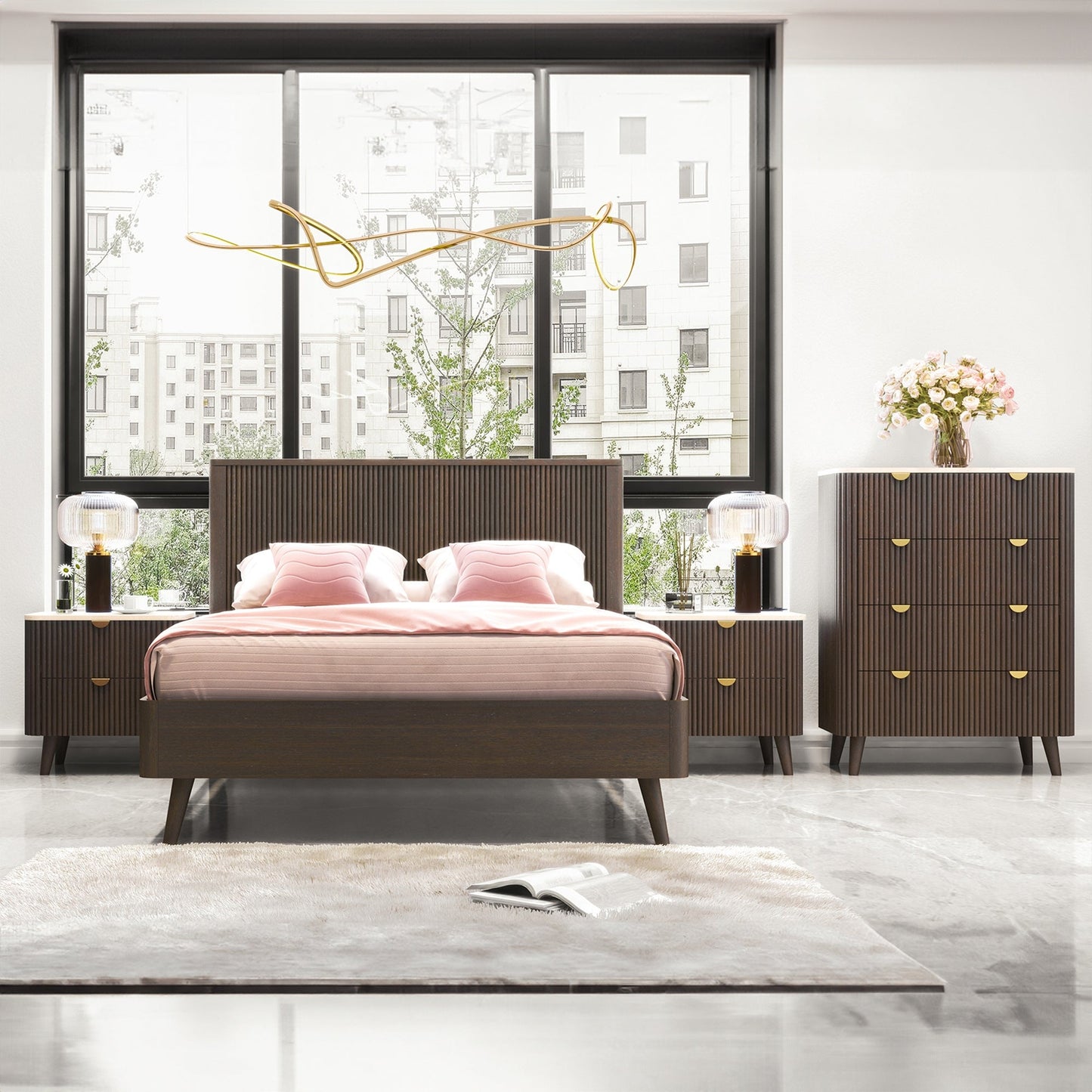 Milo 4pc Bedroom Set King Bed Frame Bedside Tallboy Walnut