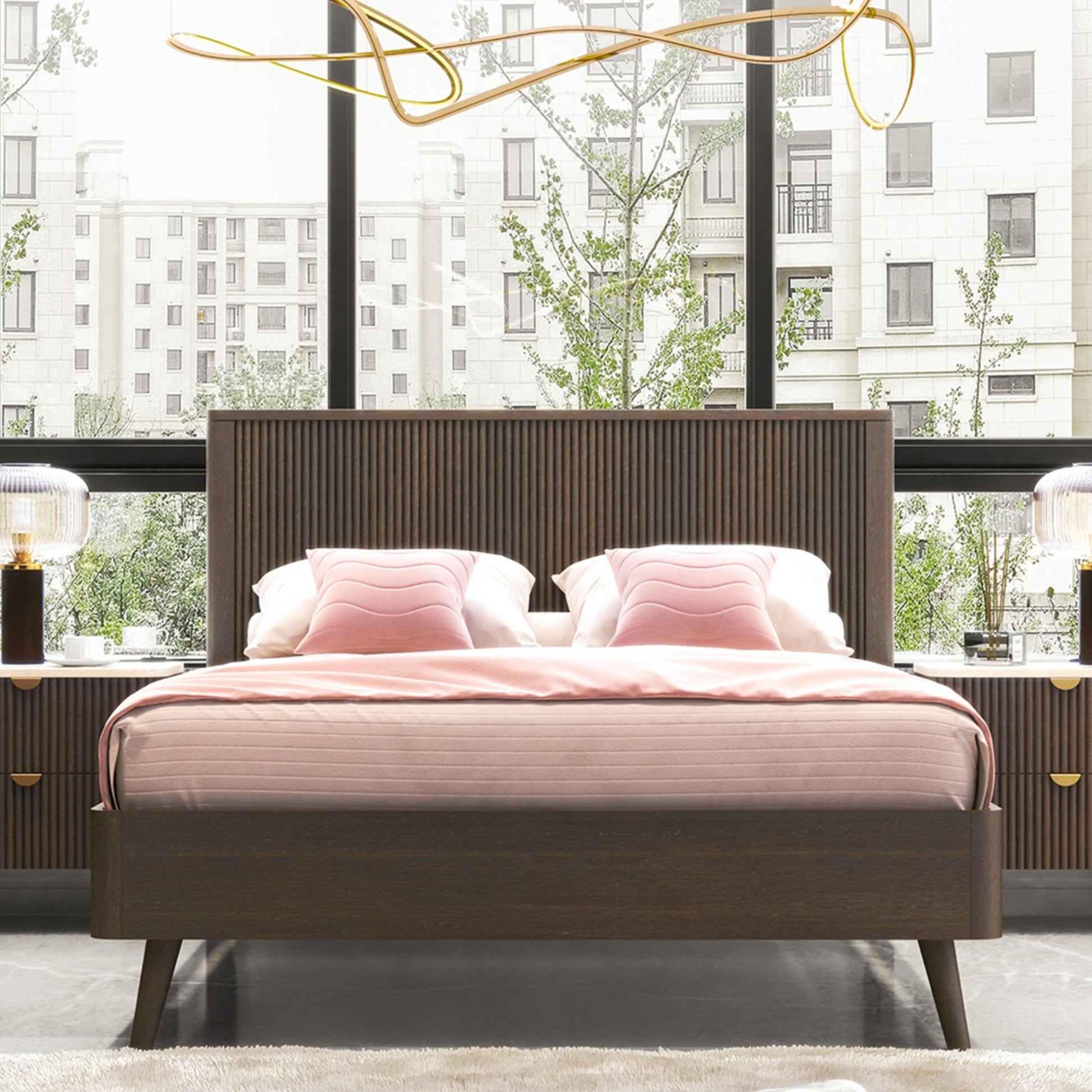 Milo 4pc Bedroom Set Queen Bed Frame Bedside Dresser Walnut
