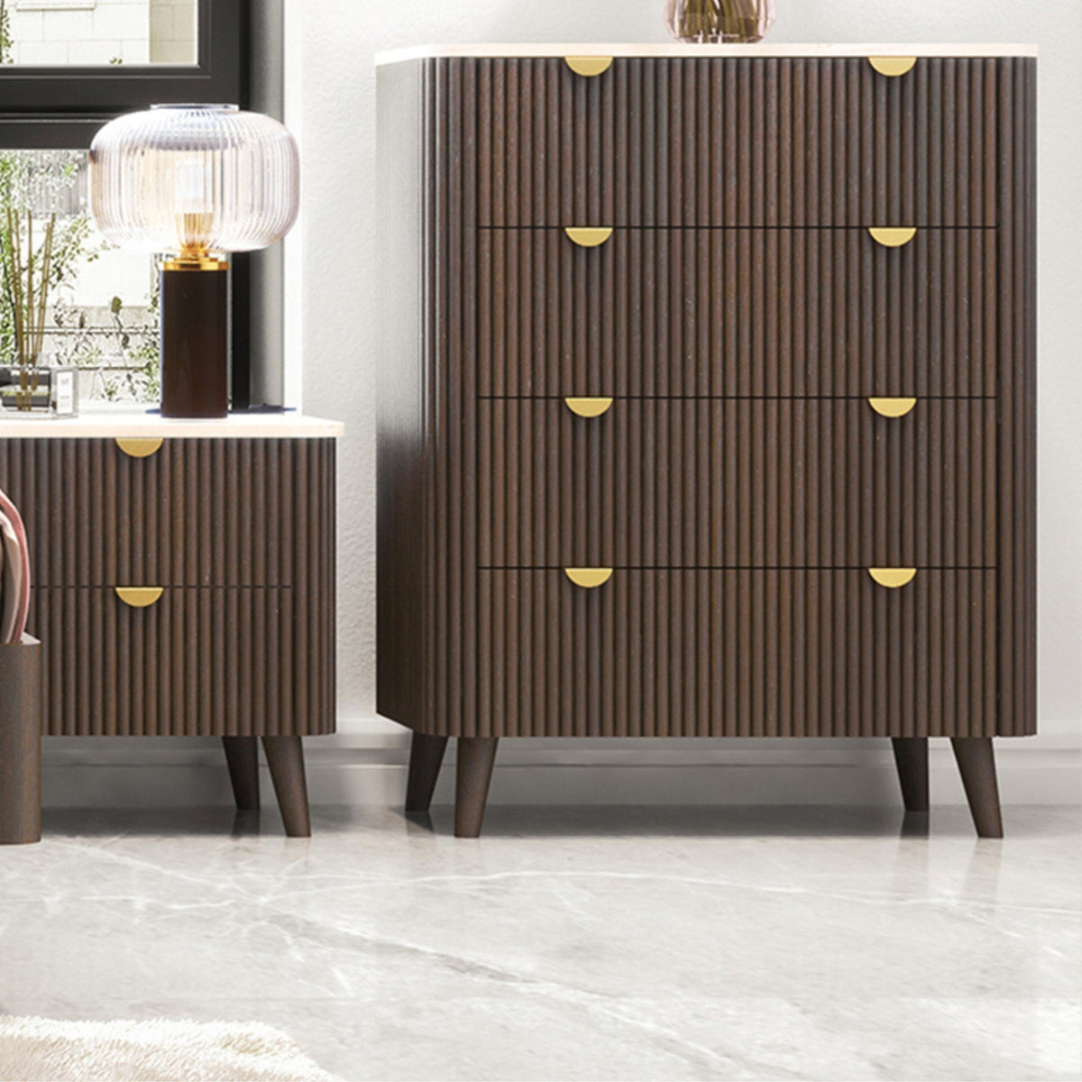 Milo Tallboy 4 Drawer Sintered Stone Travertine Top Walnut