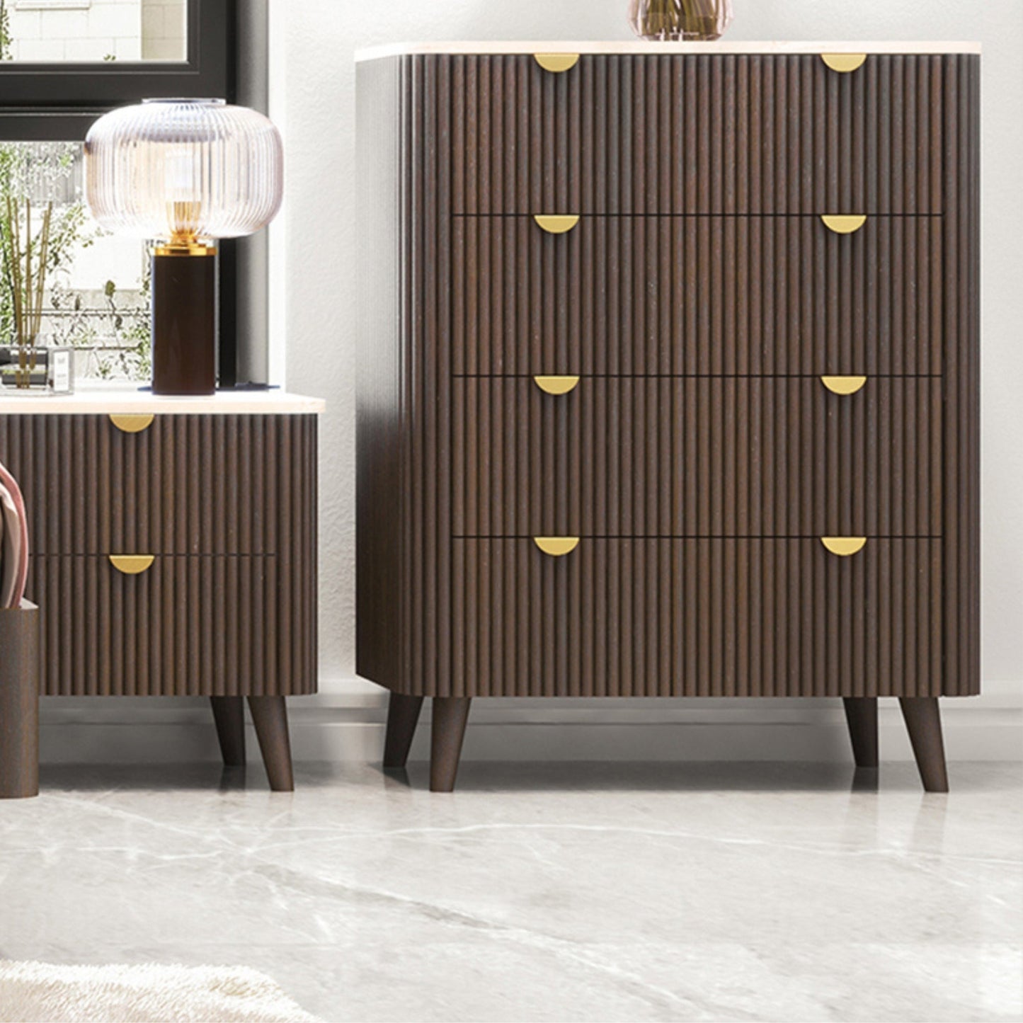 Milo Tallboy 4 Drawer Sintered Stone Travertine Top Walnut