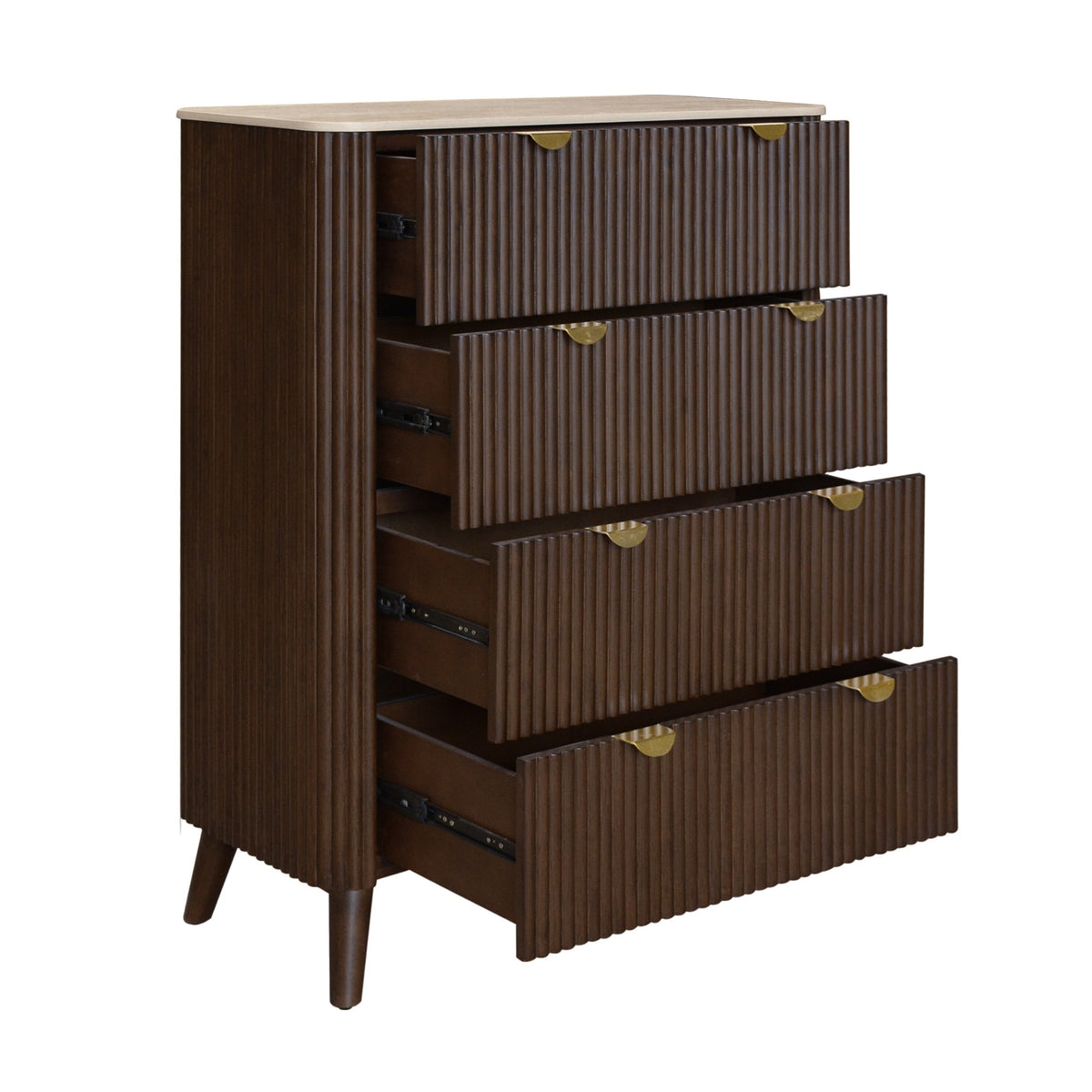Milo Tallboy 4 Drawer Sintered Stone Travertine Top Walnut