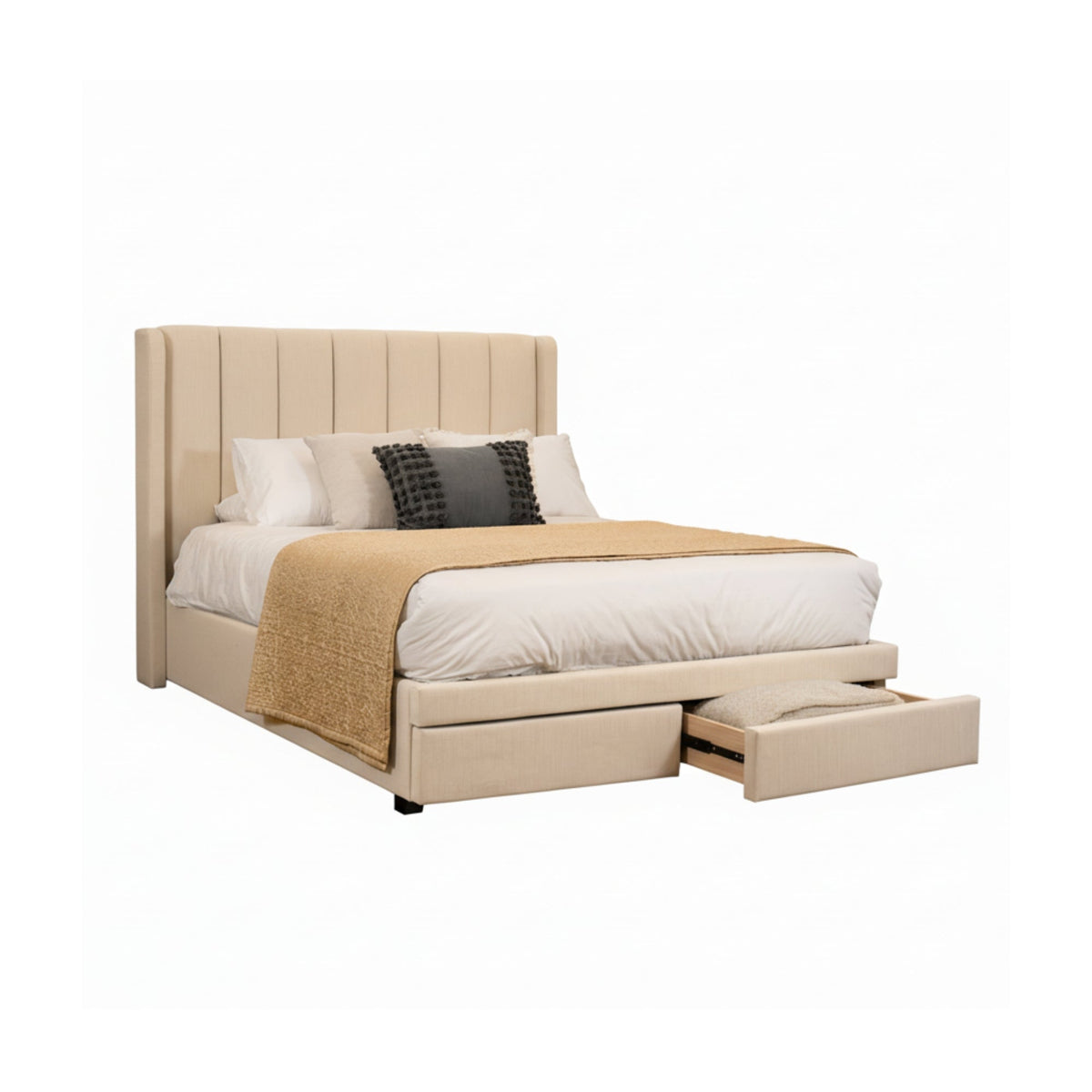 Paris Queen Bed Frame Drawer Storage Dark Beige