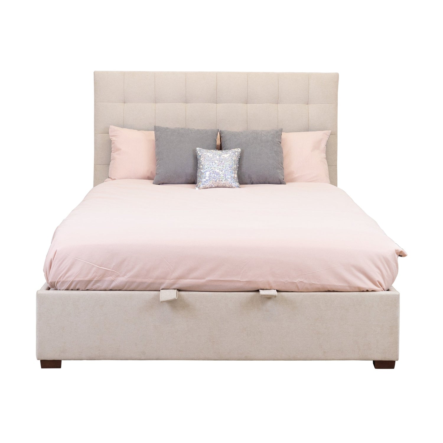 St James Queen Bed Frame Gas Lift Storage Oatmeal Beige