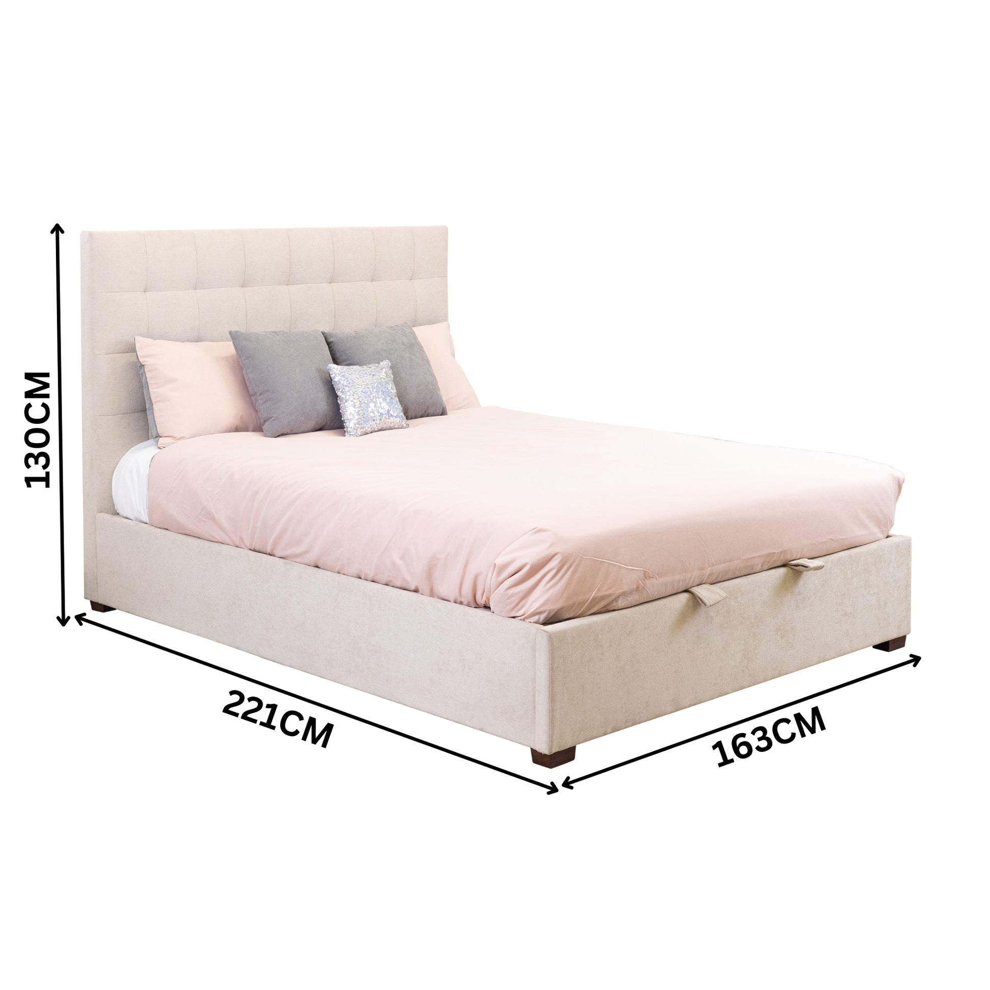 St James Queen Bed Frame Gas Lift Storage Oatmeal Beige
