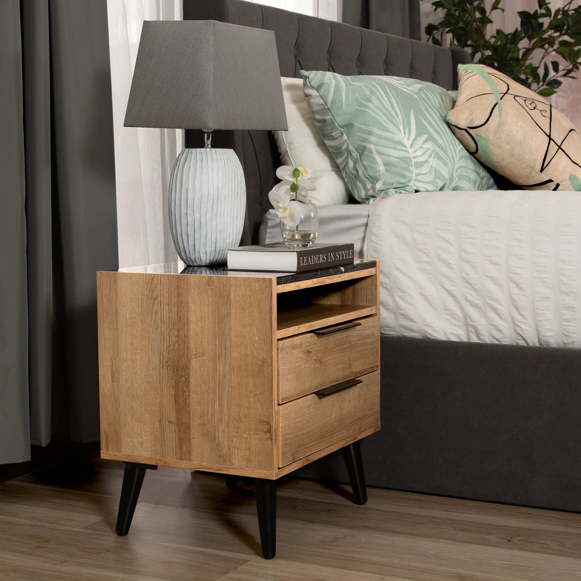 Thelma 2 Drawers Bedside Table Nightstand Side End Bedroom Storage Cabinet Mango Oak