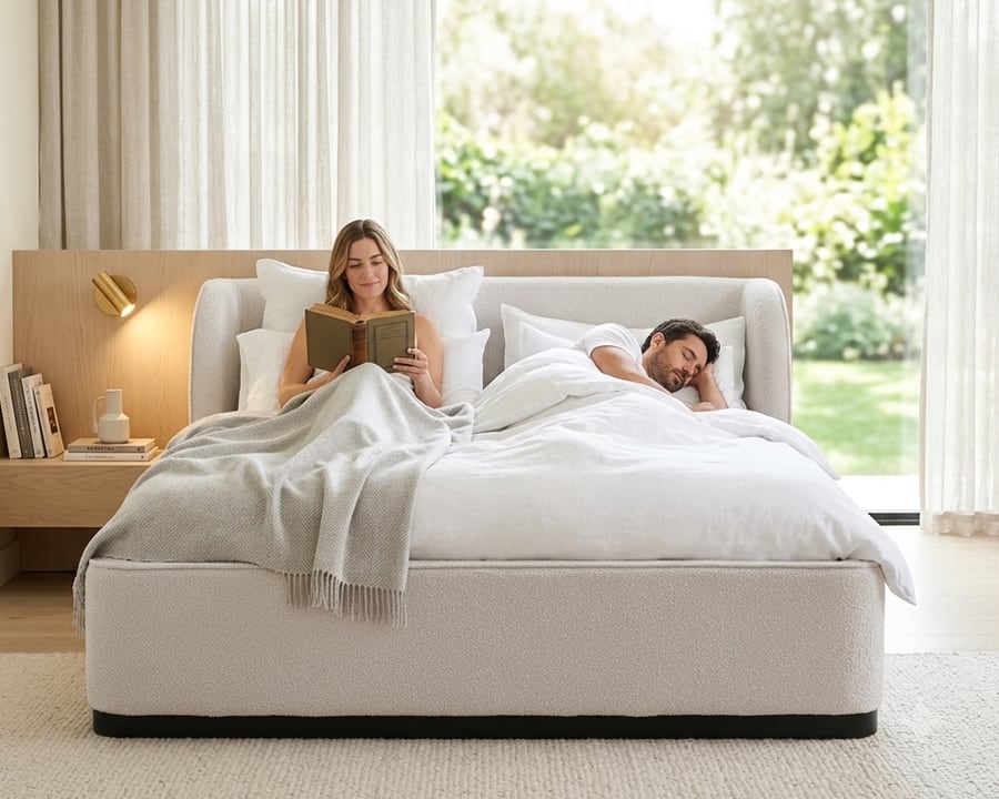 A couple in bed, one sleeping and one reading