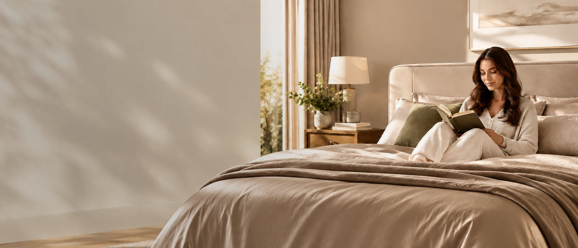 A woman relaxing with a book on a made bed in a sunlit bedroom